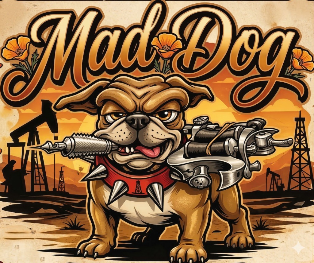 Mad Dog Tattoo official bulldog logo with tattoo machine and oil rig background